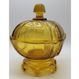 Amber Glass MCM Pedestal Covered Candy Dish. 5" square